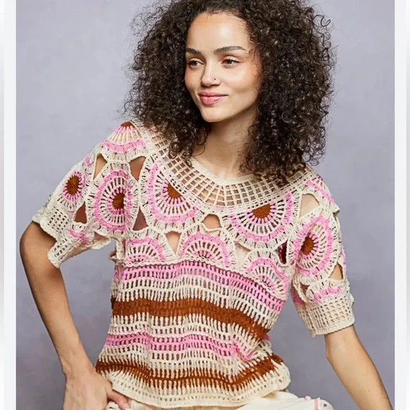POL boho weave pattern Crochet knit Pink and Brown Top one size - Picture 1 of 10